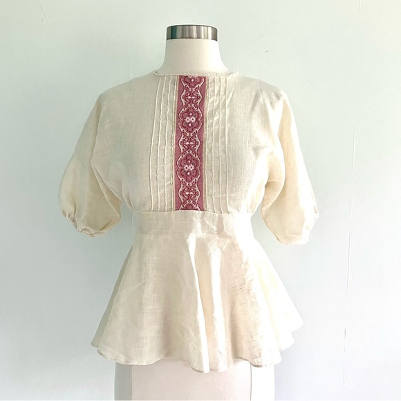 Vintage 70’s does Edwardian linen floral ribbon peplum blouse shirt top - Picture 2 of 9